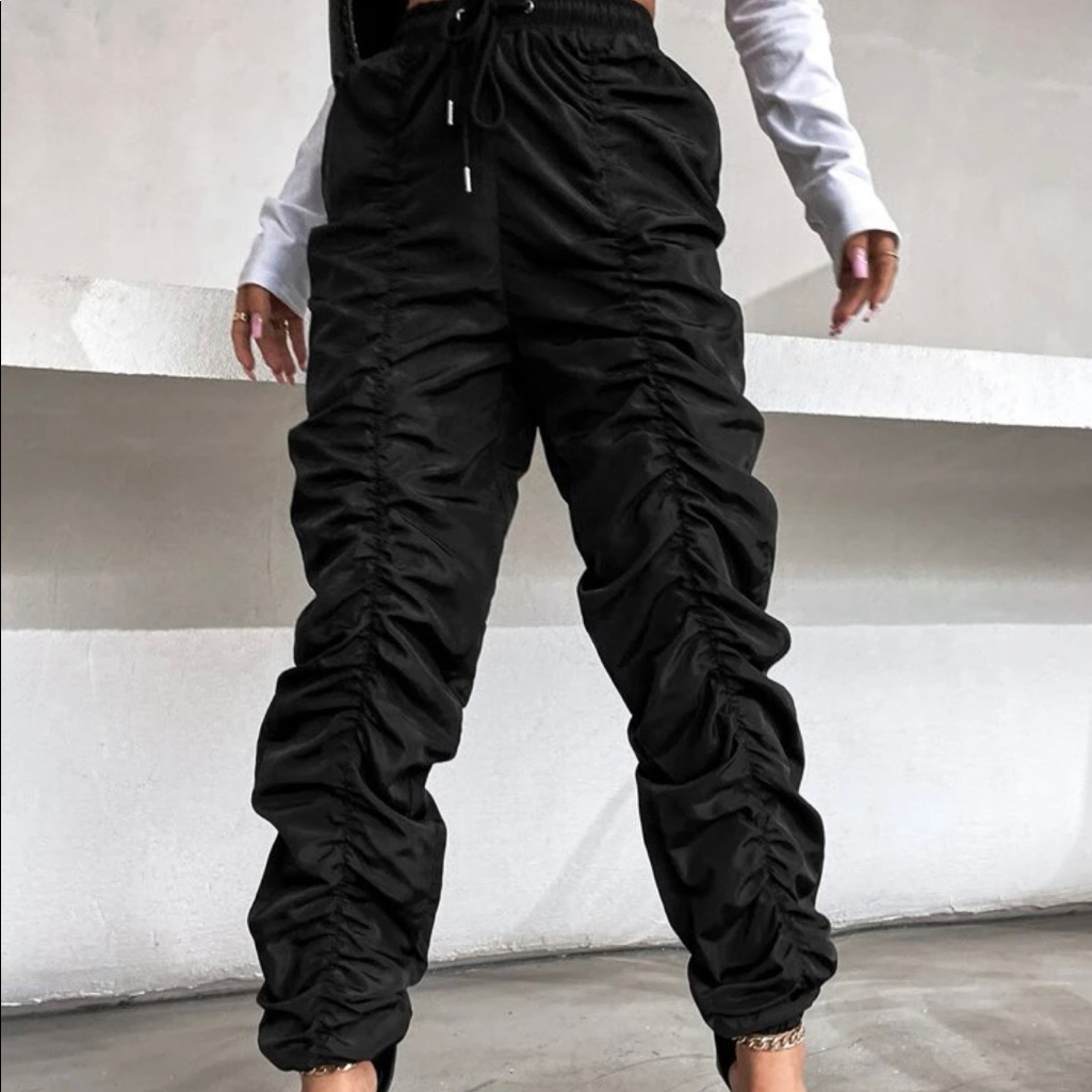Solid Ruched Drawstring Stacked Pants